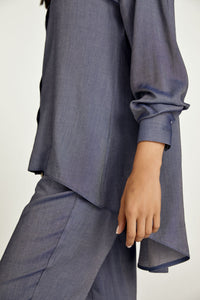 Blue Denim Style Blouse with Mandarin Collar