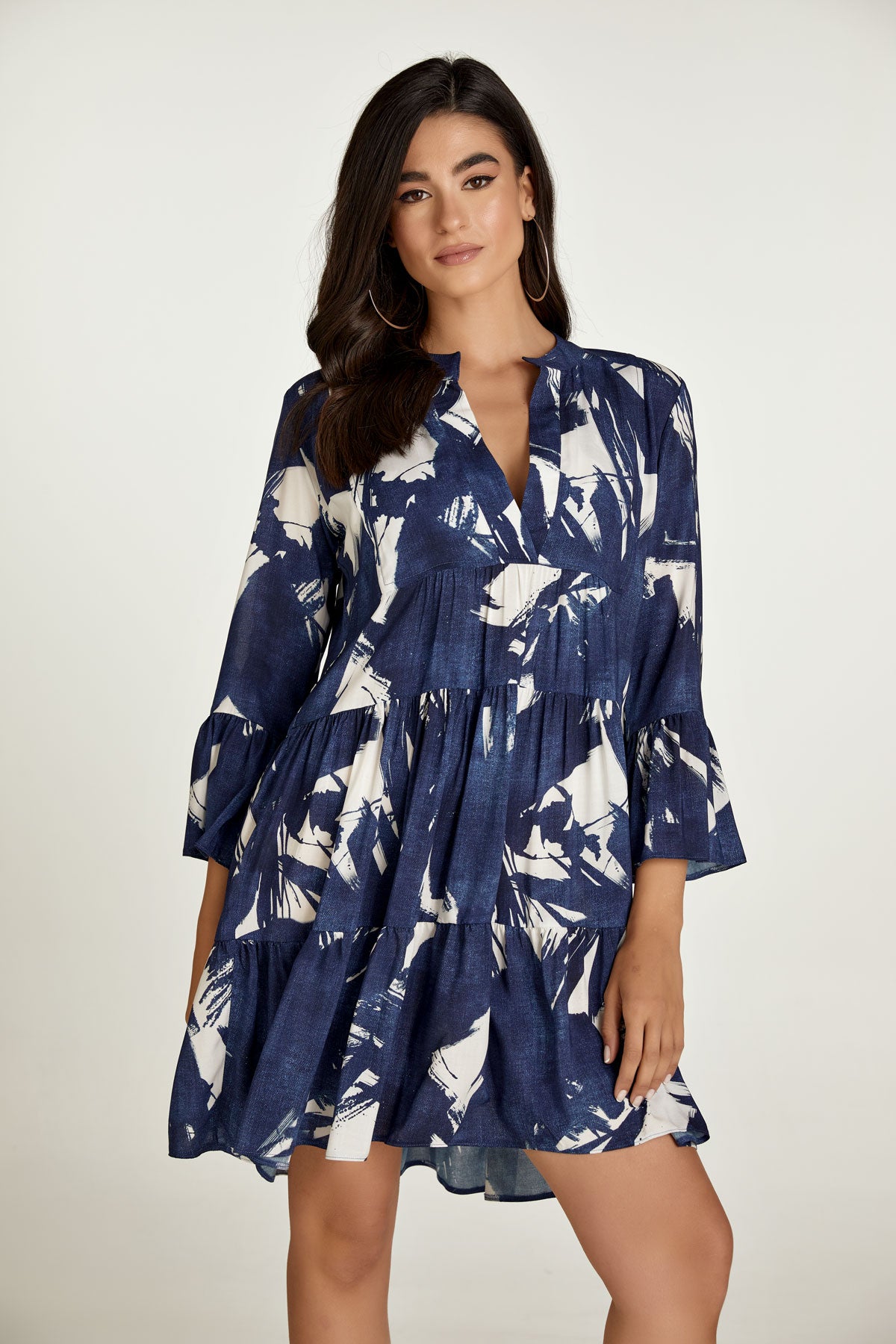 Navy and White A Line Dress with Bell Sleeves