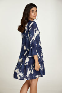 Navy and White A Line Dress with Bell Sleeves