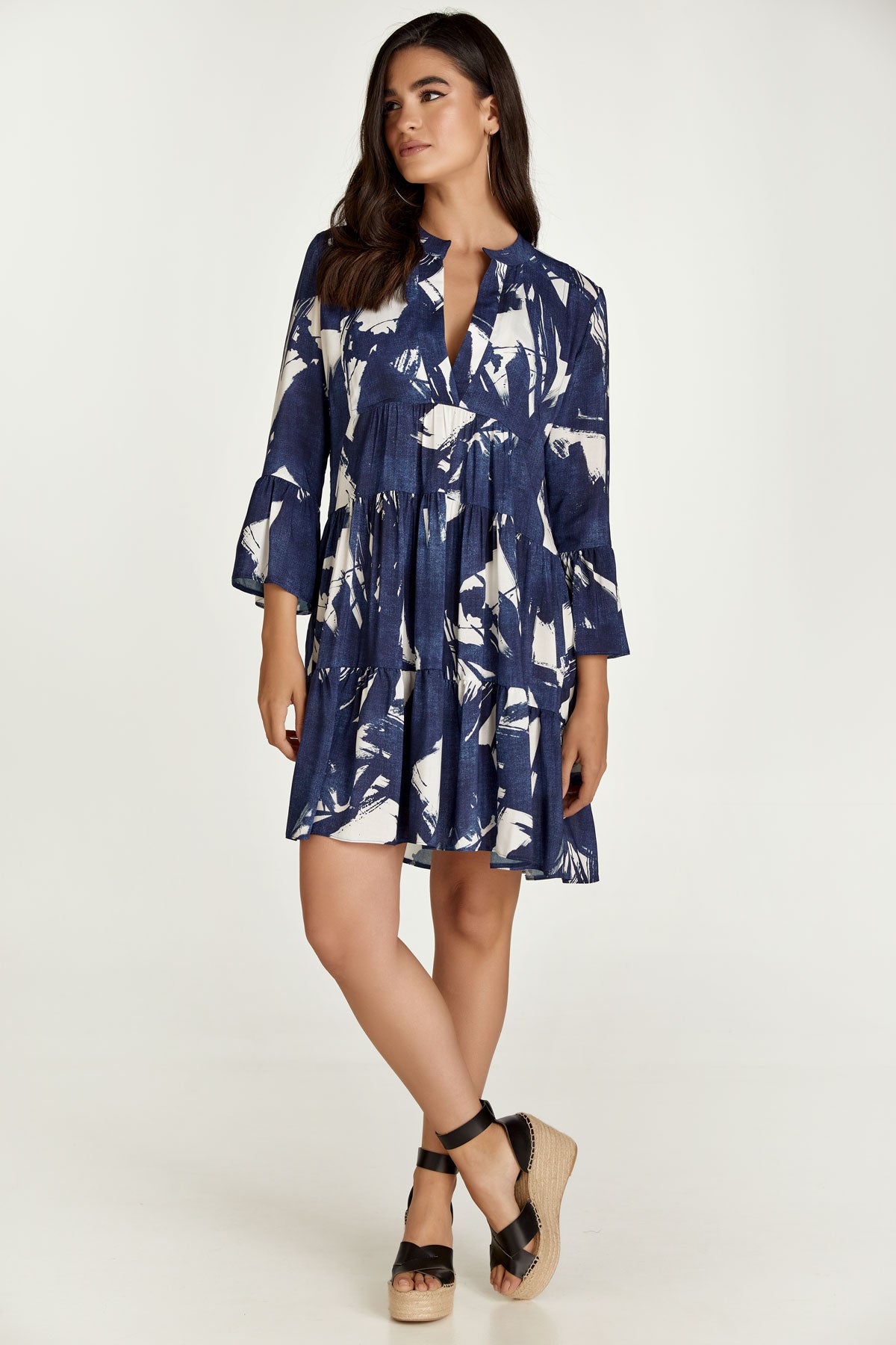 Navy and White A Line Dress with Bell Sleeves