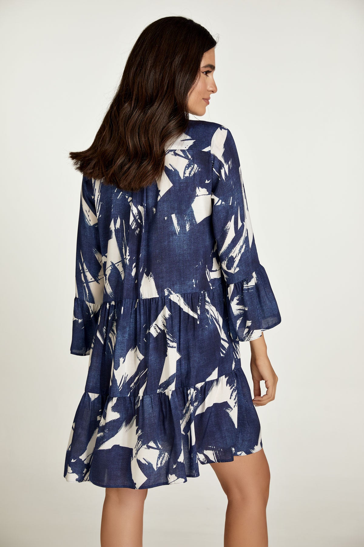 Navy and White A Line Dress with Bell Sleeves