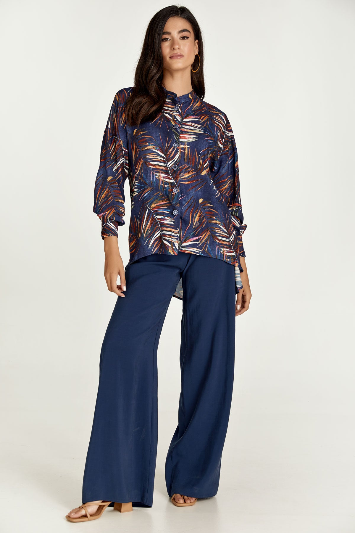 Leaf Print Blouse with Mandarin Collar