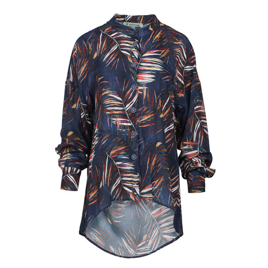 Leaf Print Blouse with Mandarin Collar