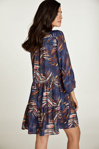 Leaf Print A Line Dress with Bell Sleeves