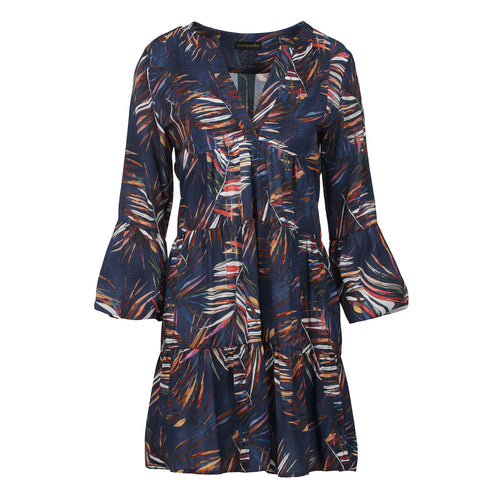 Leaf Print A Line Dress with Bell Sleeves