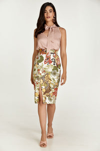 Floral Cotton Pencil Skirt in Earthy Shades