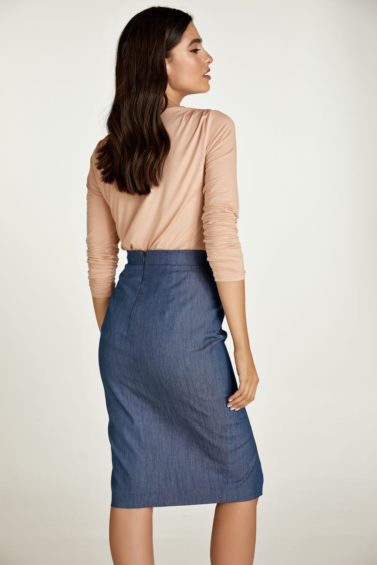 Blue Denim Style Pencil Skirt