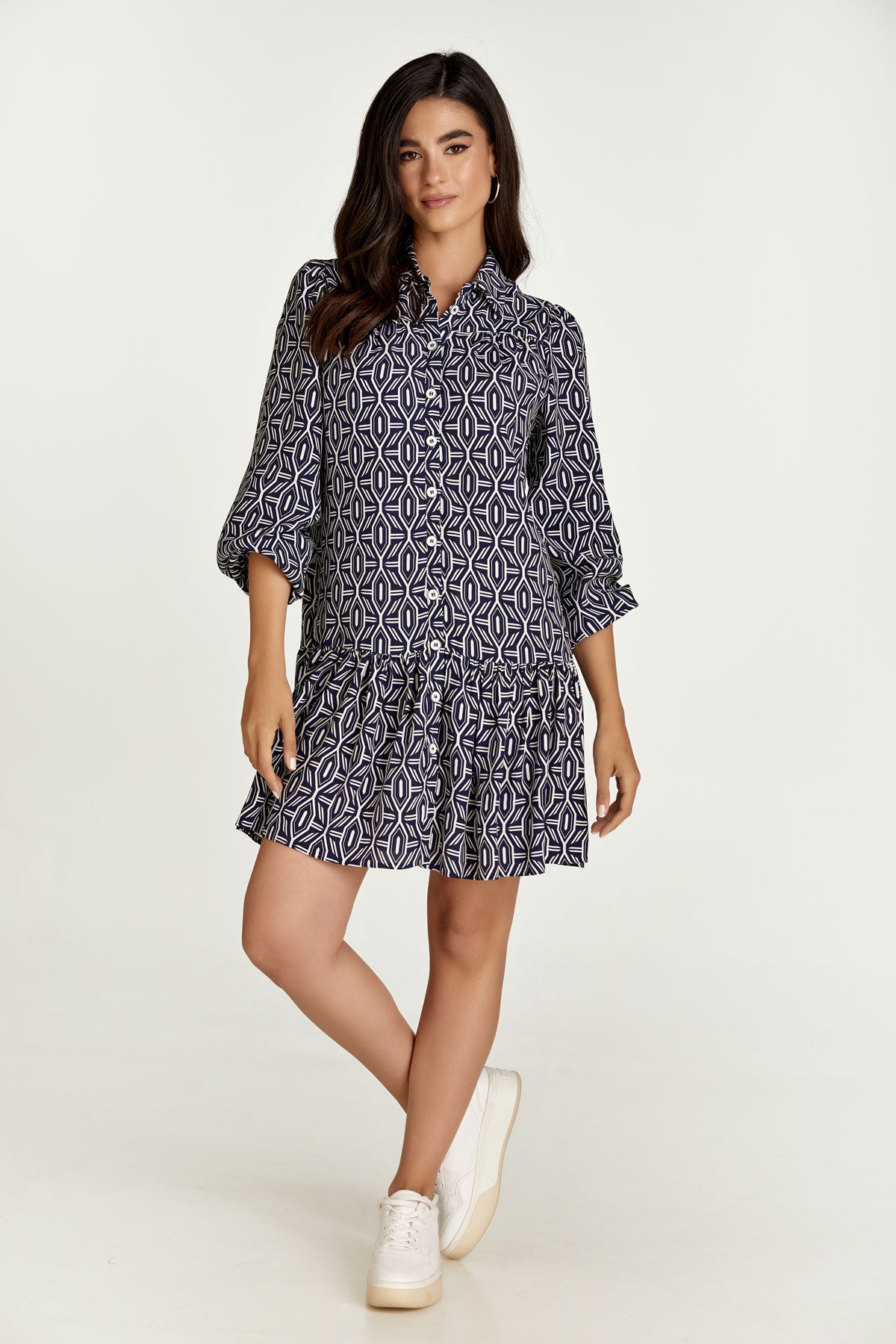 Conquista Φόρεμα Mini Casual Πουκαμισοφόρεμα Μακρυμάνικο Με Κουμπιά Γεωμετρικό Εμπριμέ Μπλε C211-181-41