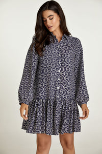 Navy and White Print Dress with Buttons
