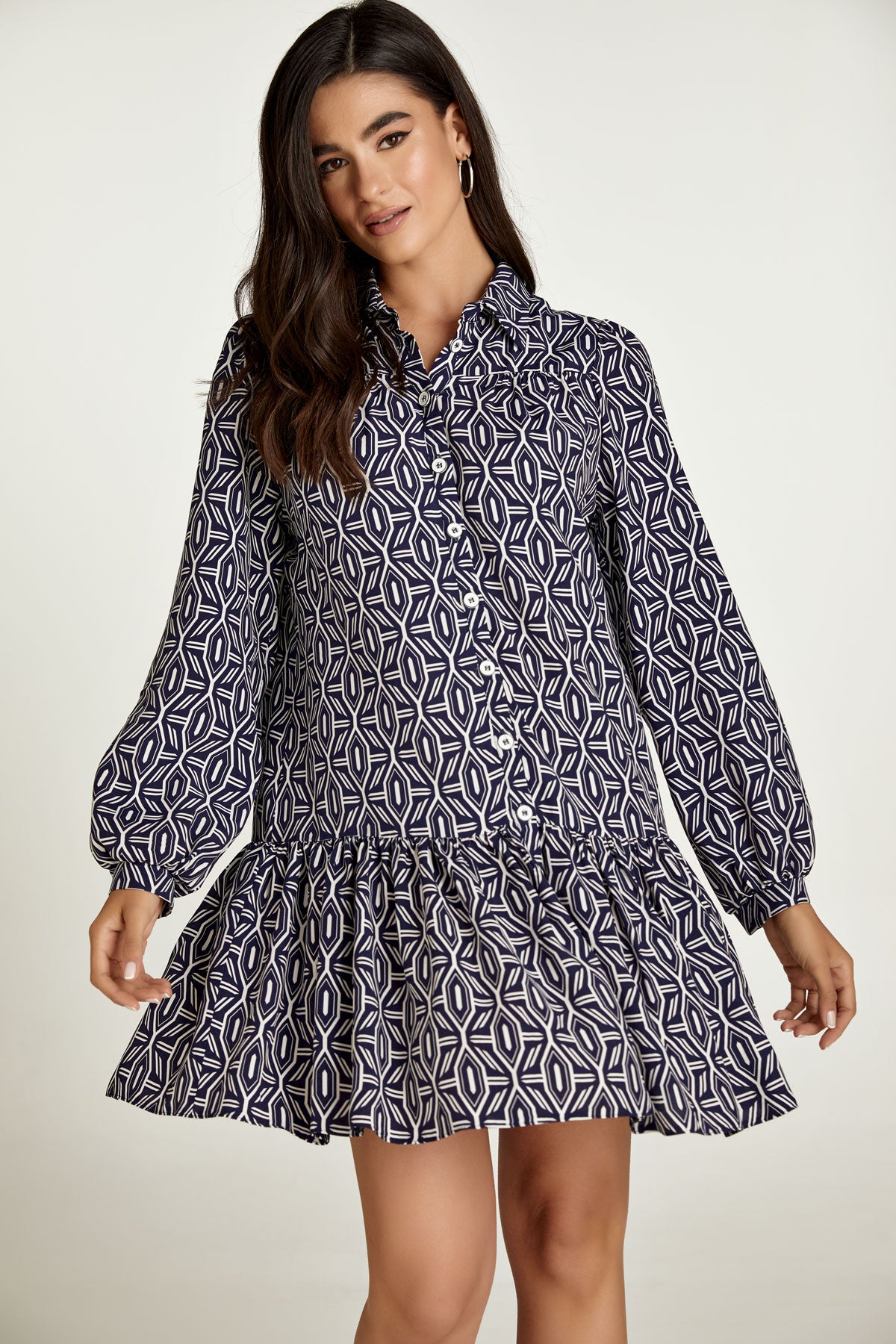 Conquista Φόρεμα Mini Casual Πουκαμισοφόρεμα Μακρυμάνικο Με Κουμπιά Γεωμετρικό Εμπριμέ Μπλε C211-181-41