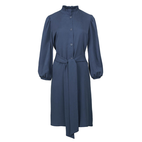 Belted Long Sleeve Indigo Dress