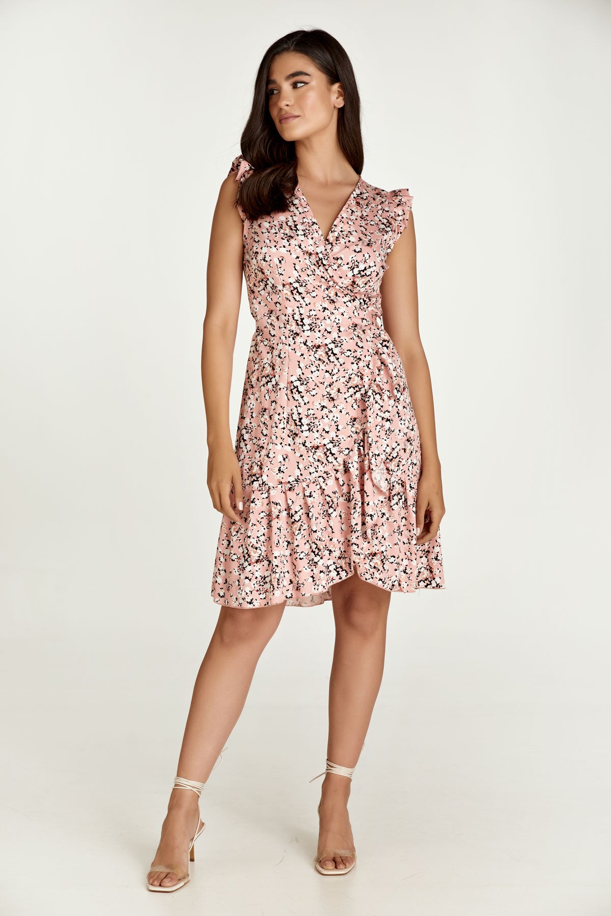 Conquista Φόρεμα Mini Casual Κρουαζέ Αμάνικο Με Βολάν Floral Ροζ C211-230-61