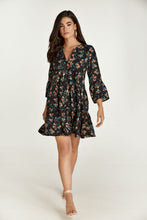 Load image into Gallery viewer, Black Floral A Line Dress with Bell Sleeves