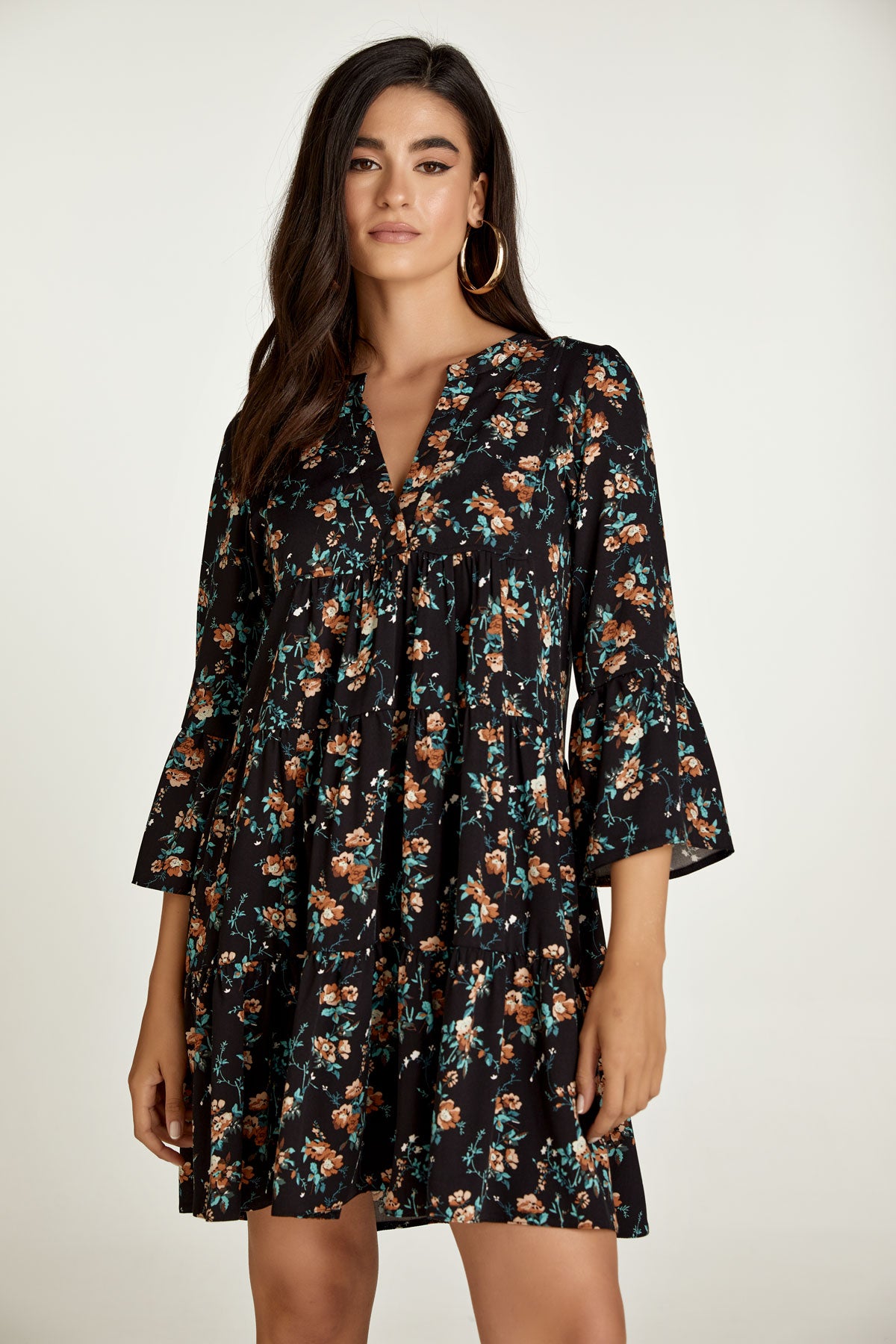 Black Floral A Line Dress with Bell Sleeves