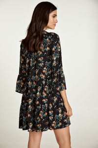 Black Floral A Line Dress with Bell Sleeves