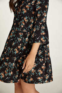 Black Floral A Line Dress with Bell Sleeves