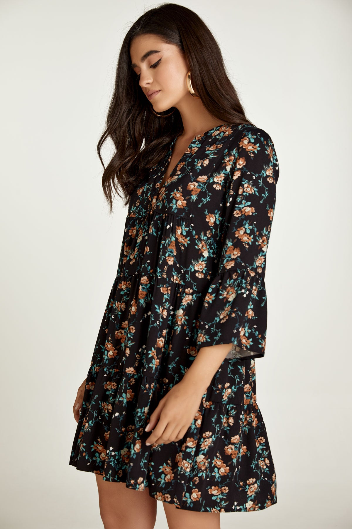 Black Floral A Line Dress with Bell Sleeves