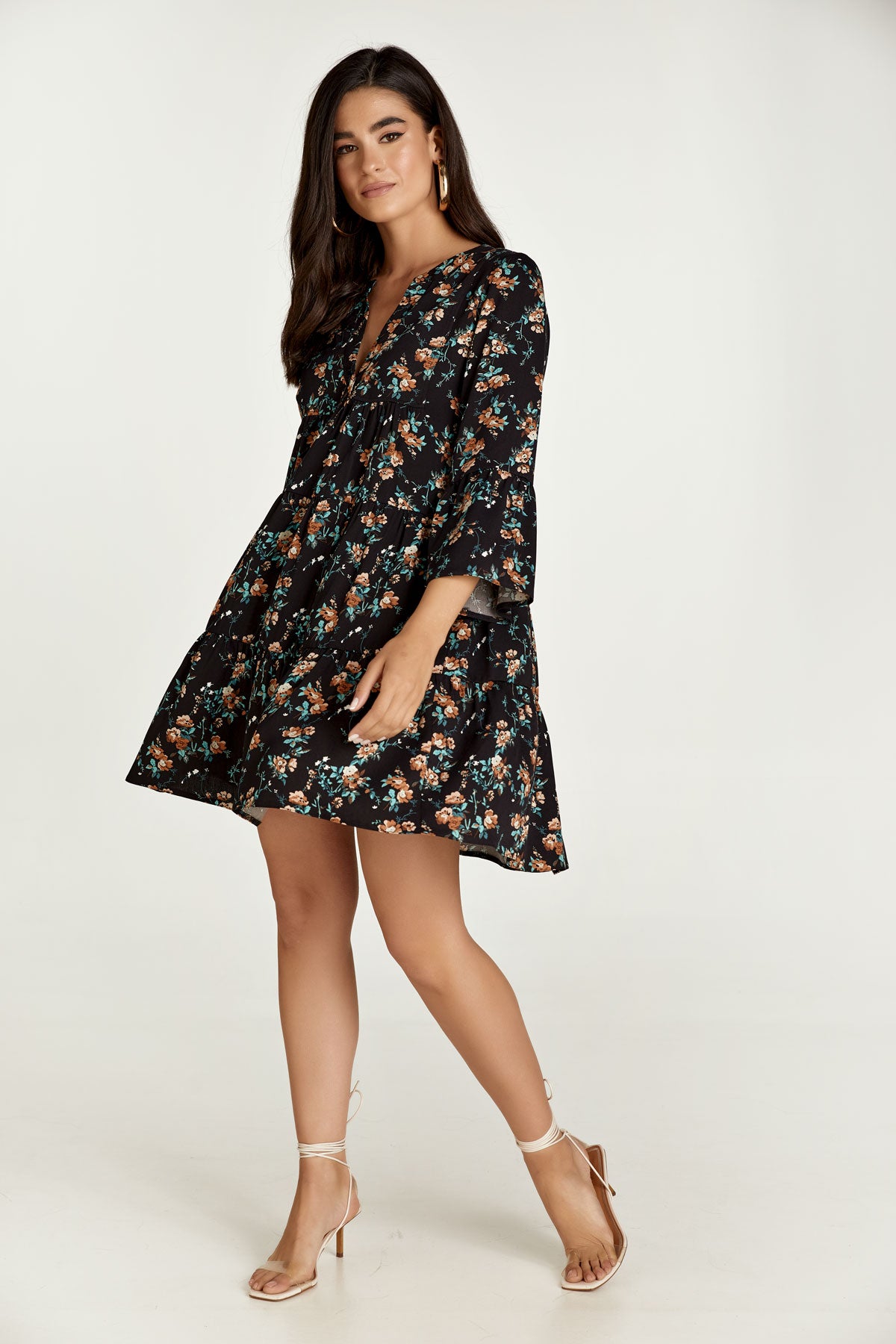 Black Floral A Line Dress with Bell Sleeves