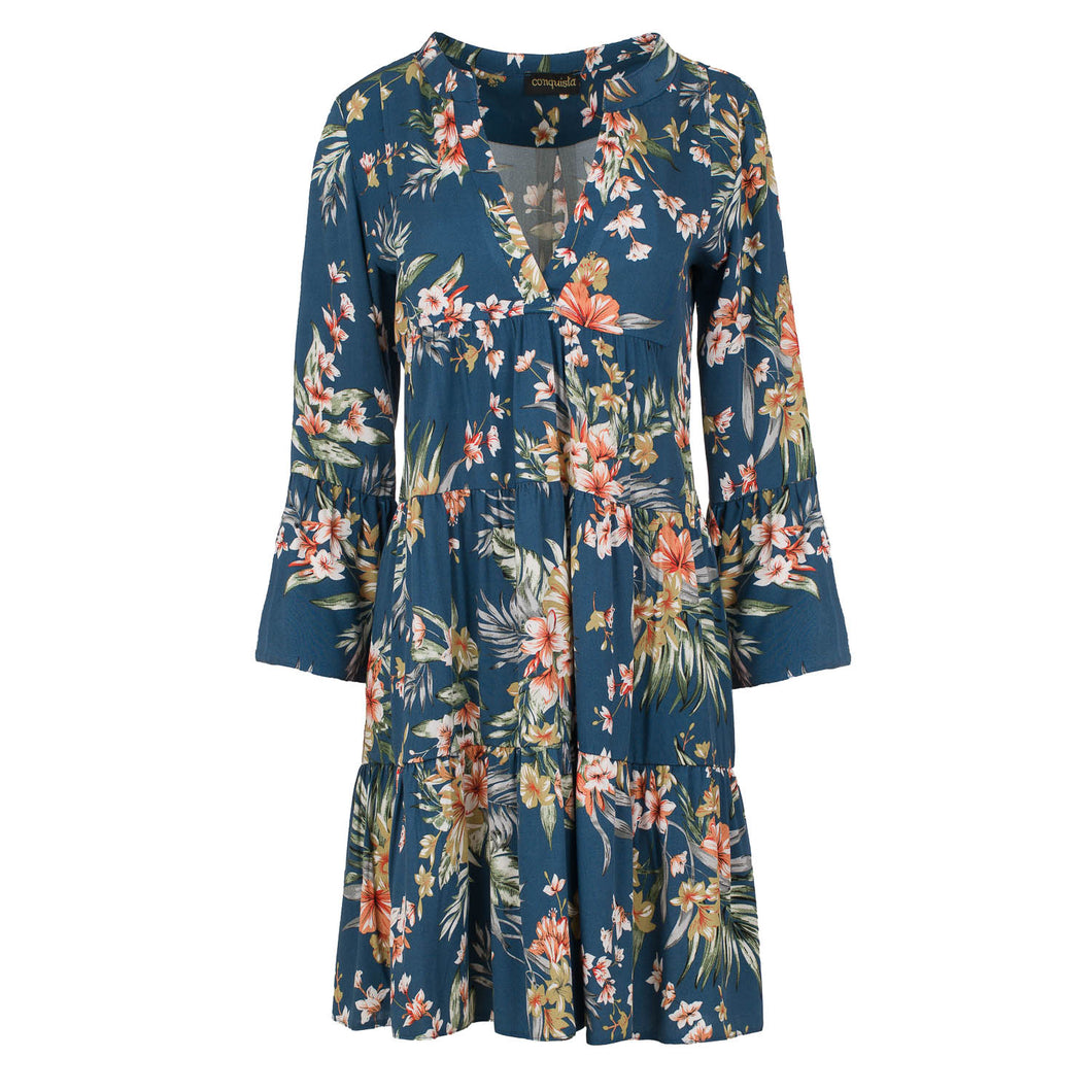 Floral A Line Dress with Bell Sleeves
