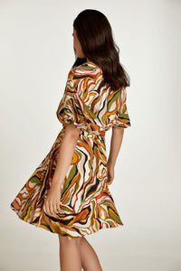 Brick Colour Print Dress with Ruffle Sleeves