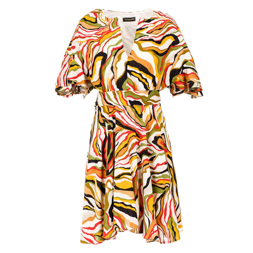 Brick Colour Print Dress with Ruffle Sleeves