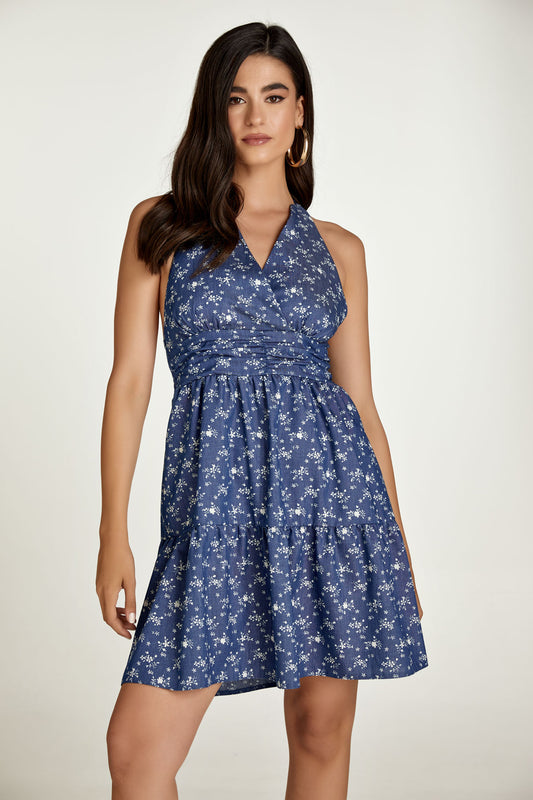Indigo Floral Empire Line Mini Dress