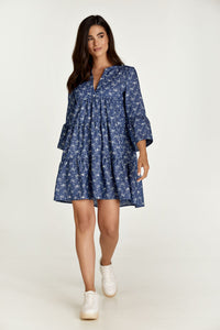 Indigo Floral A Line Dress with Bell Sleeves