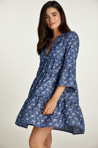 Indigo Floral A Line Dress with Bell Sleeves