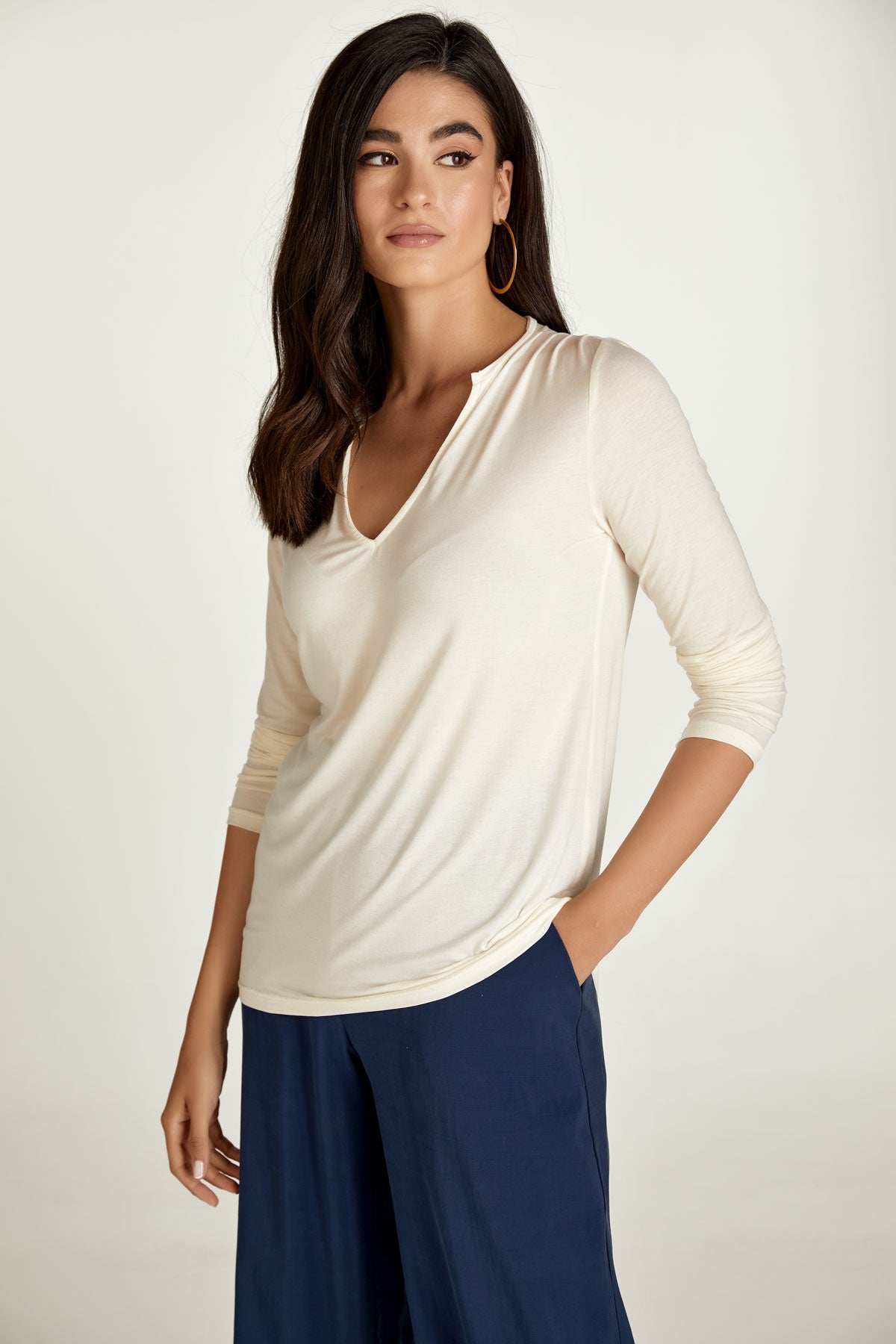 Cream Jersey V Neck Top