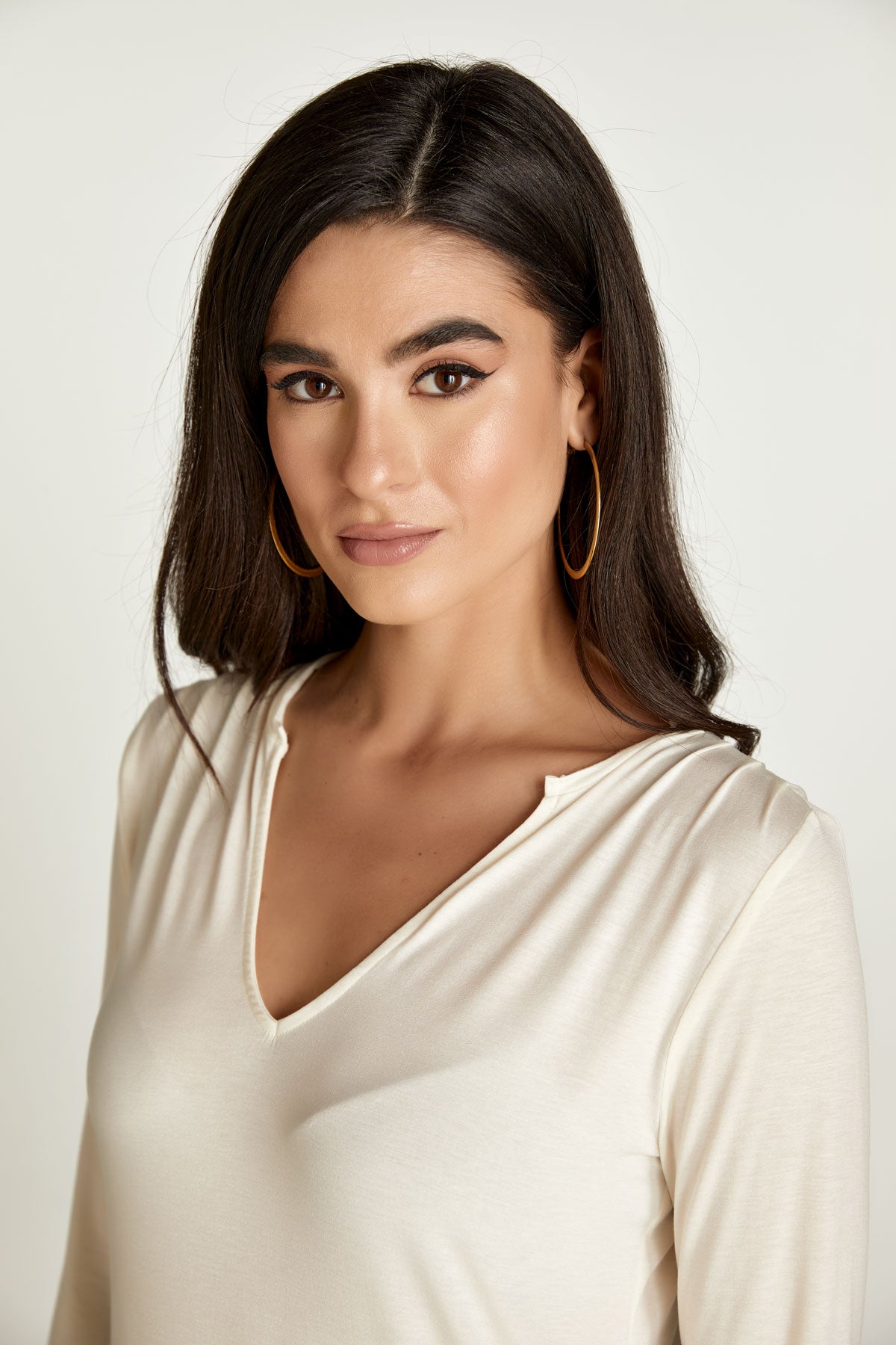 Cream Jersey V Neck Top