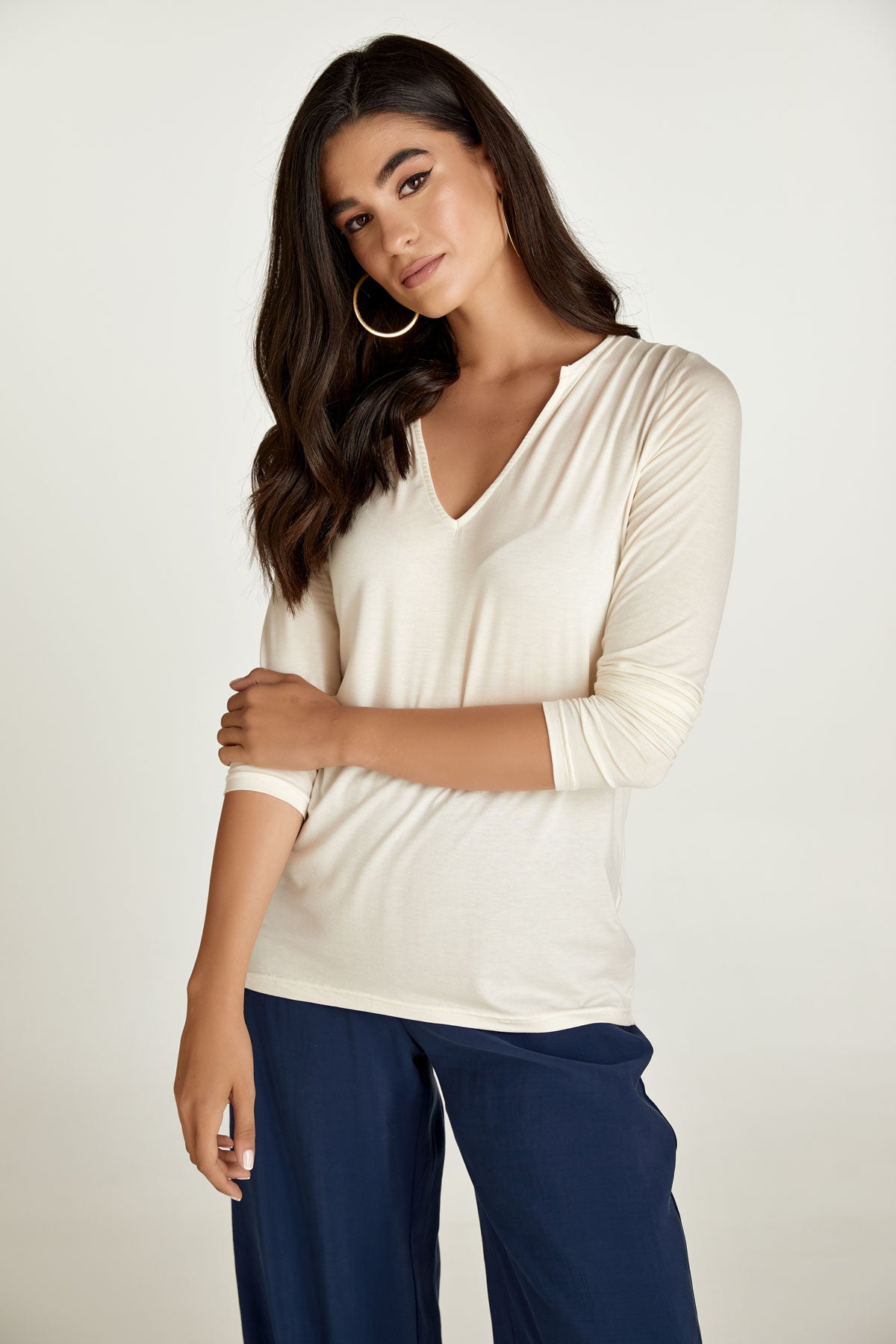 Cream Jersey V Neck Top