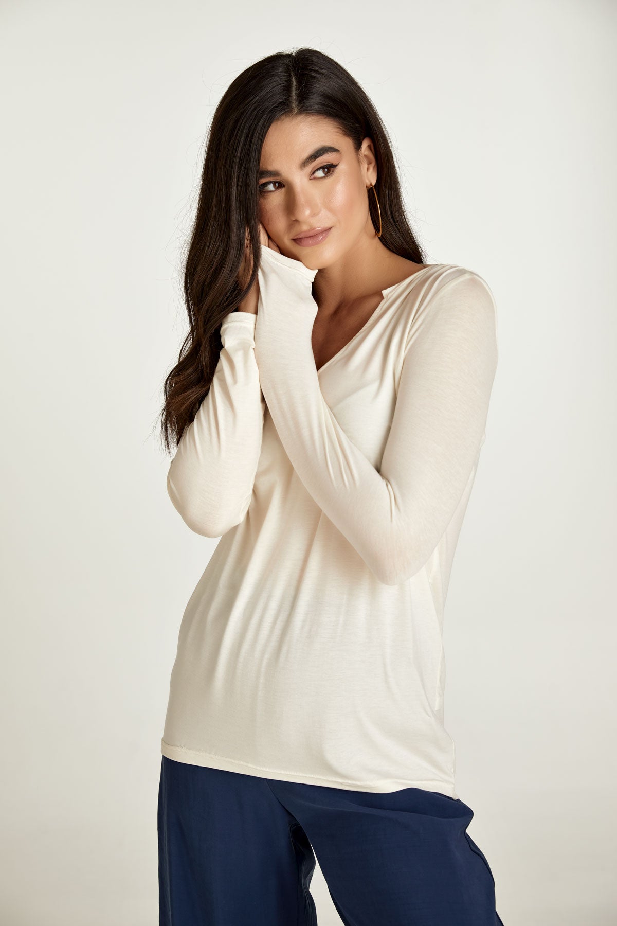 Cream Jersey V Neck Top