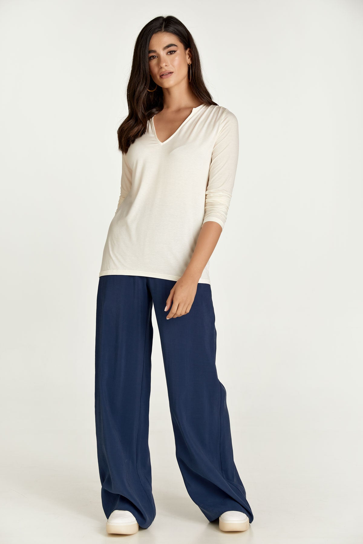 Cream Jersey V Neck Top