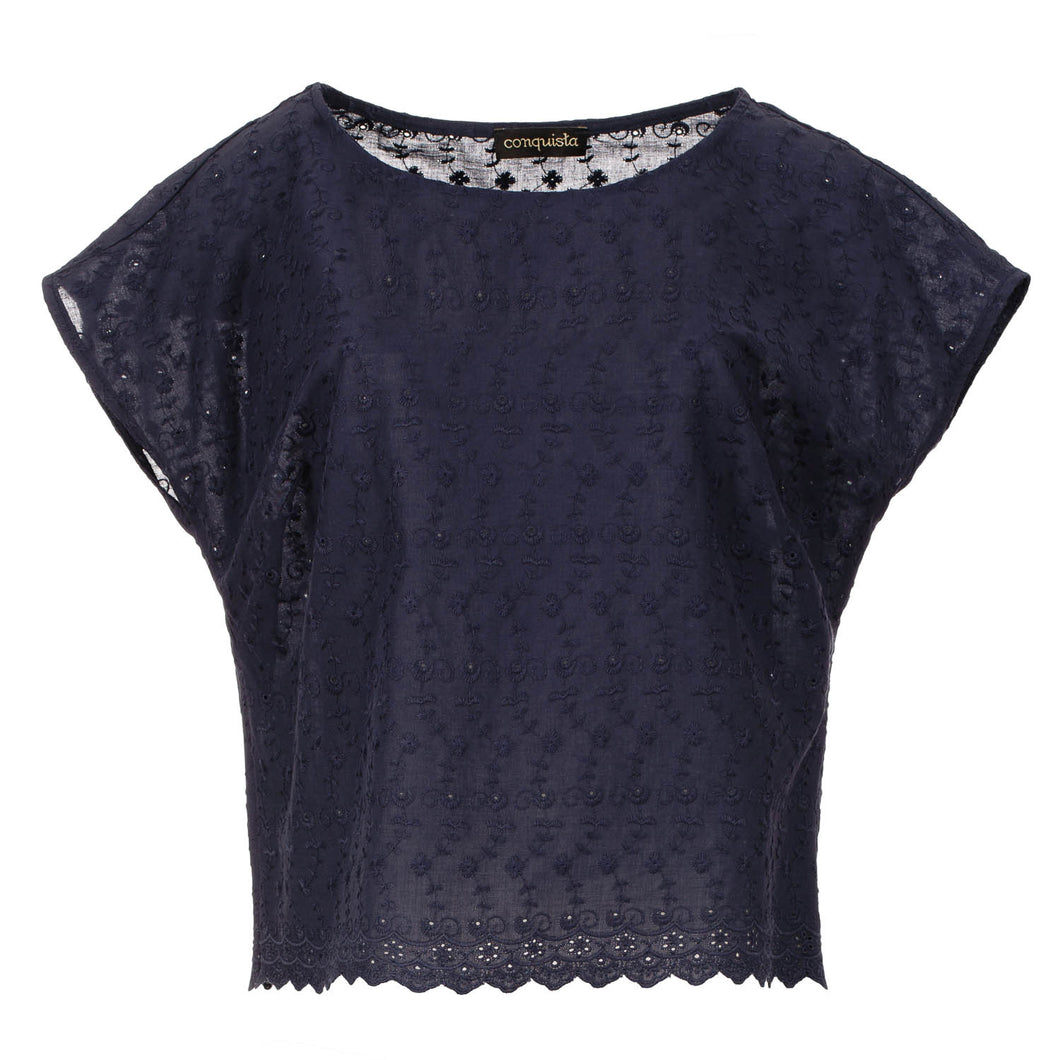 Navy Sleeveless Embroidered Top