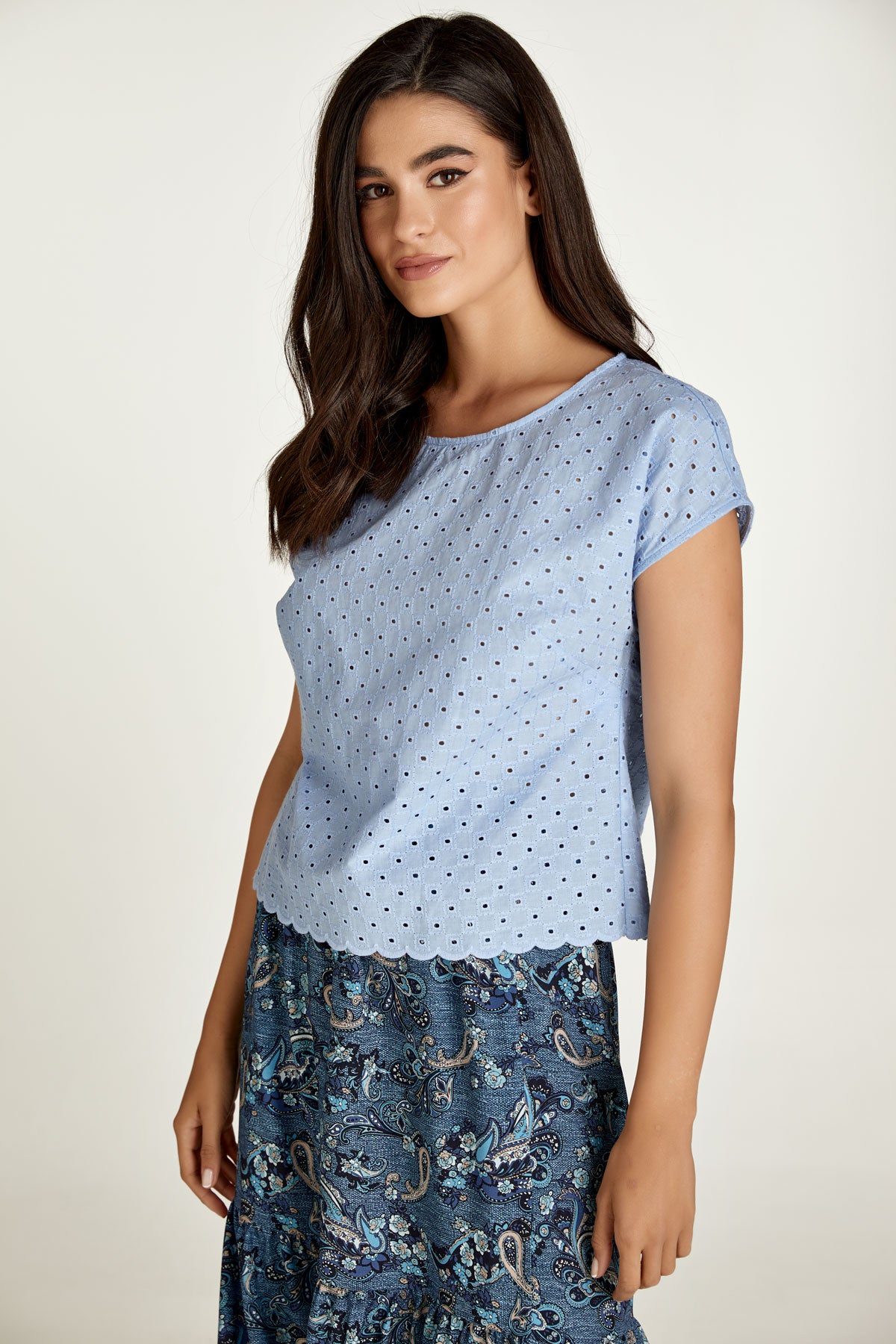 Conquista Μπλούζα Casual Κοντομάνικη Δαντέλα Broderie Anglaise Μονόχρωμη Γαλάζια C211-326-60