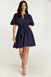 Dark Blue Embroidered Dress with Ruffle Sleeves