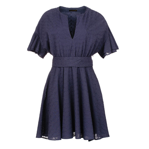 Dark Blue Embroidered Dress with Ruffle Sleeves