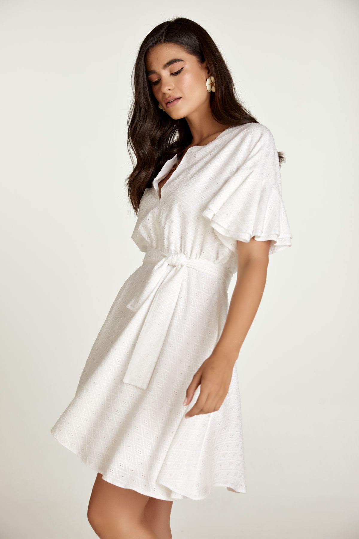 Conquista Φόρεμα Mini Casual Κοντομάνικο με Ζώνη Broderie Anglaise Λευκό C211-328-01
