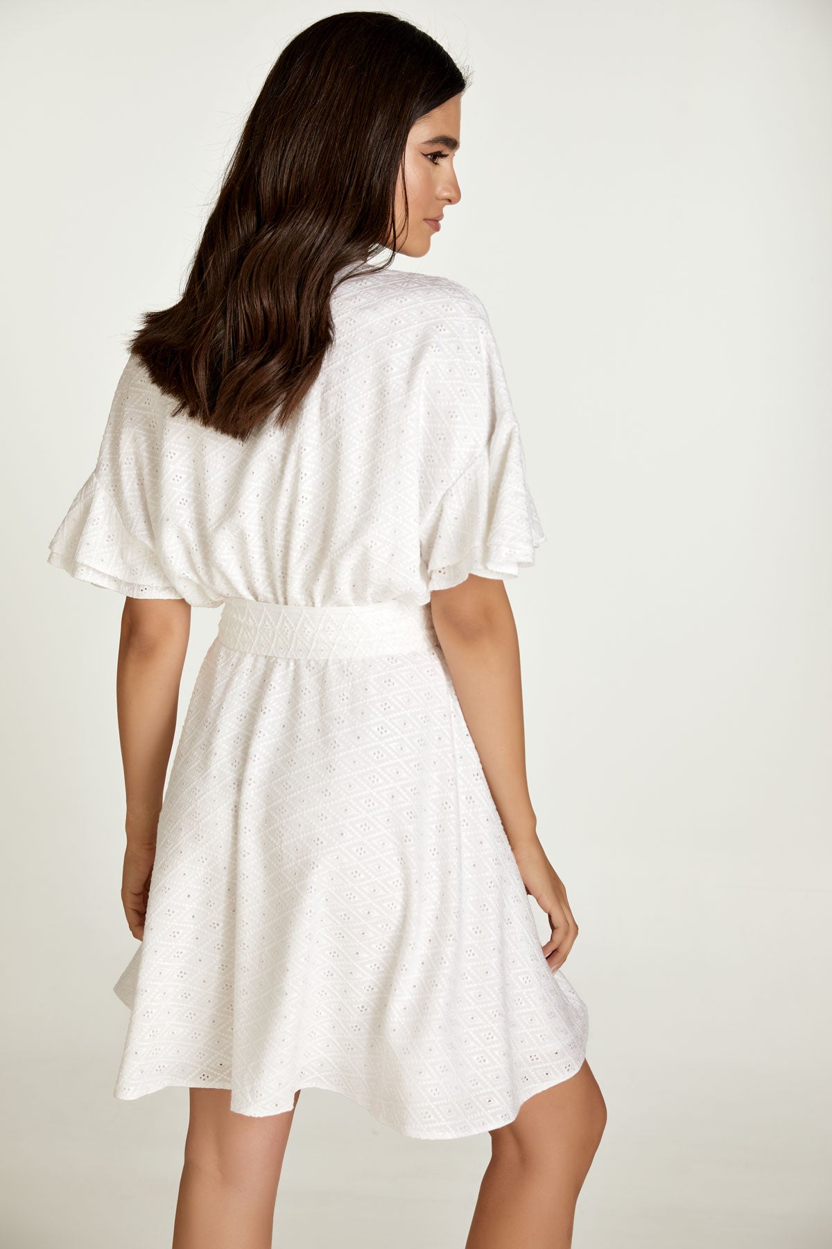 Conquista Φόρεμα Mini Casual Κοντομάνικο με Ζώνη Broderie Anglaise Λευκό C211-328-01