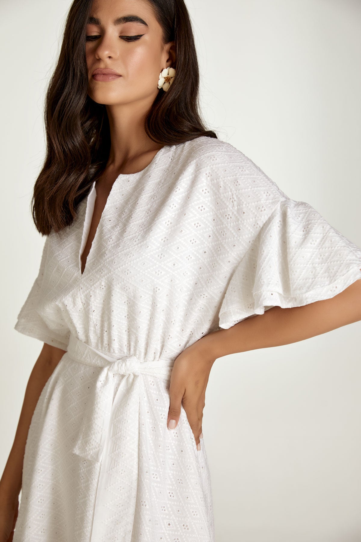 Conquista Φόρεμα Mini Casual Κοντομάνικο με Ζώνη Broderie Anglaise Λευκό C211-328-01