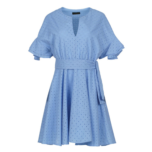 Sky Blue Embroidered Dress with Ruffle Sleeves