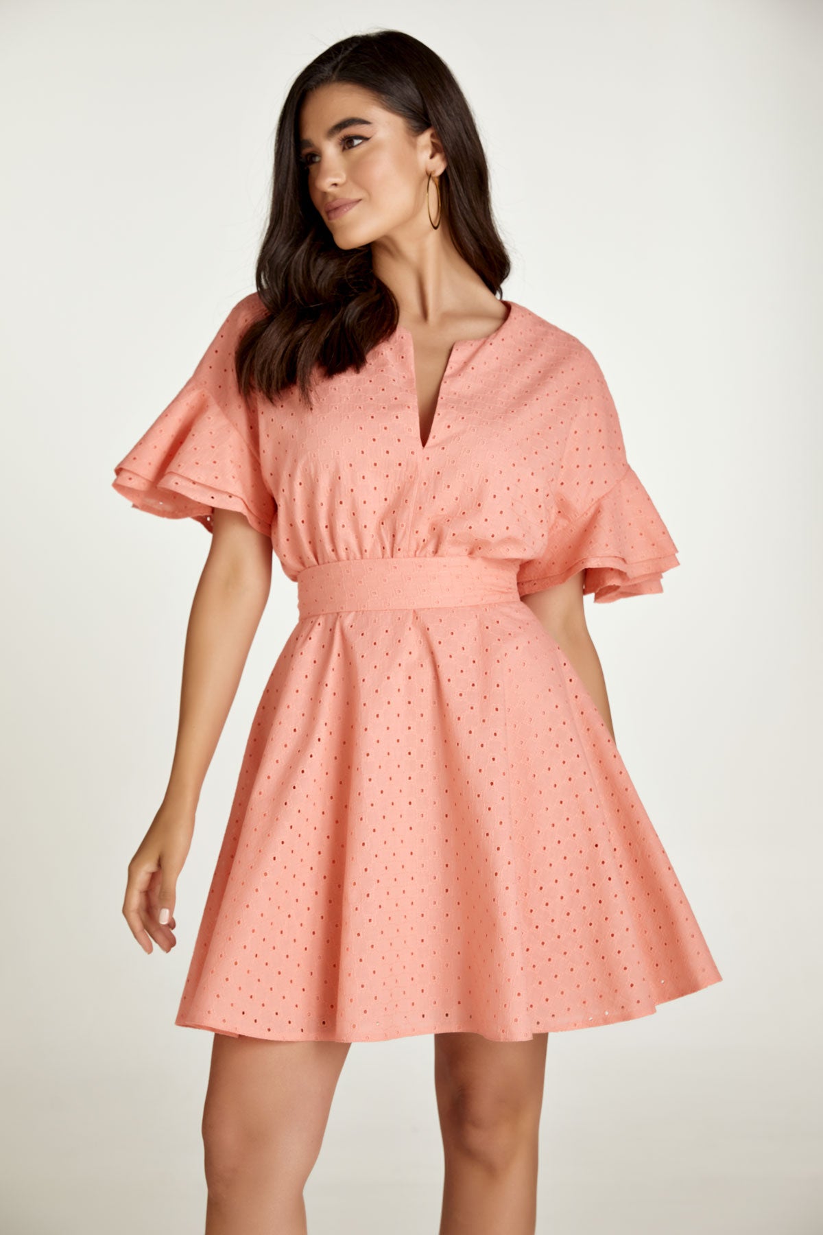 Coral Embroidered Dress with Ruffle Sleeves
