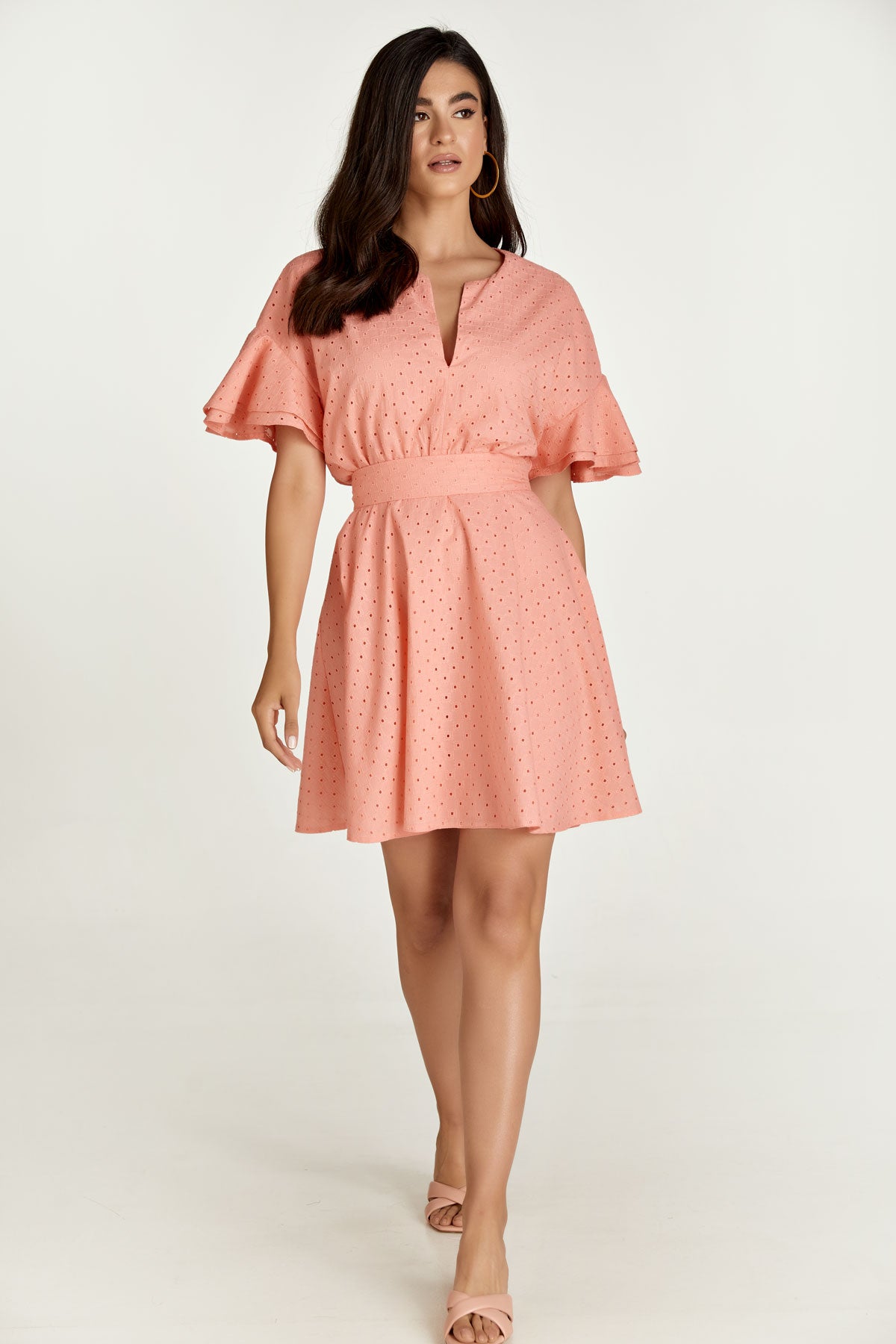 Coral Embroidered Dress with Ruffle Sleeves