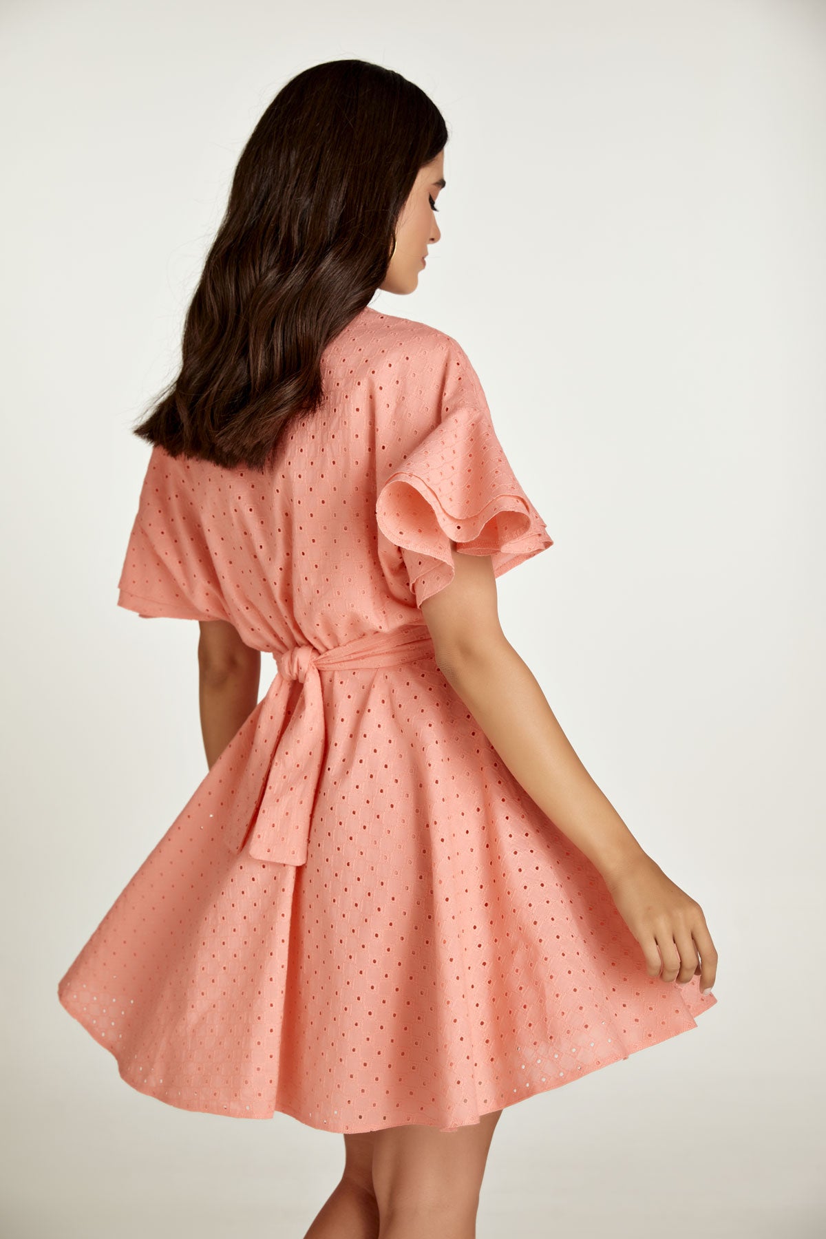 Coral Embroidered Dress with Ruffle Sleeves