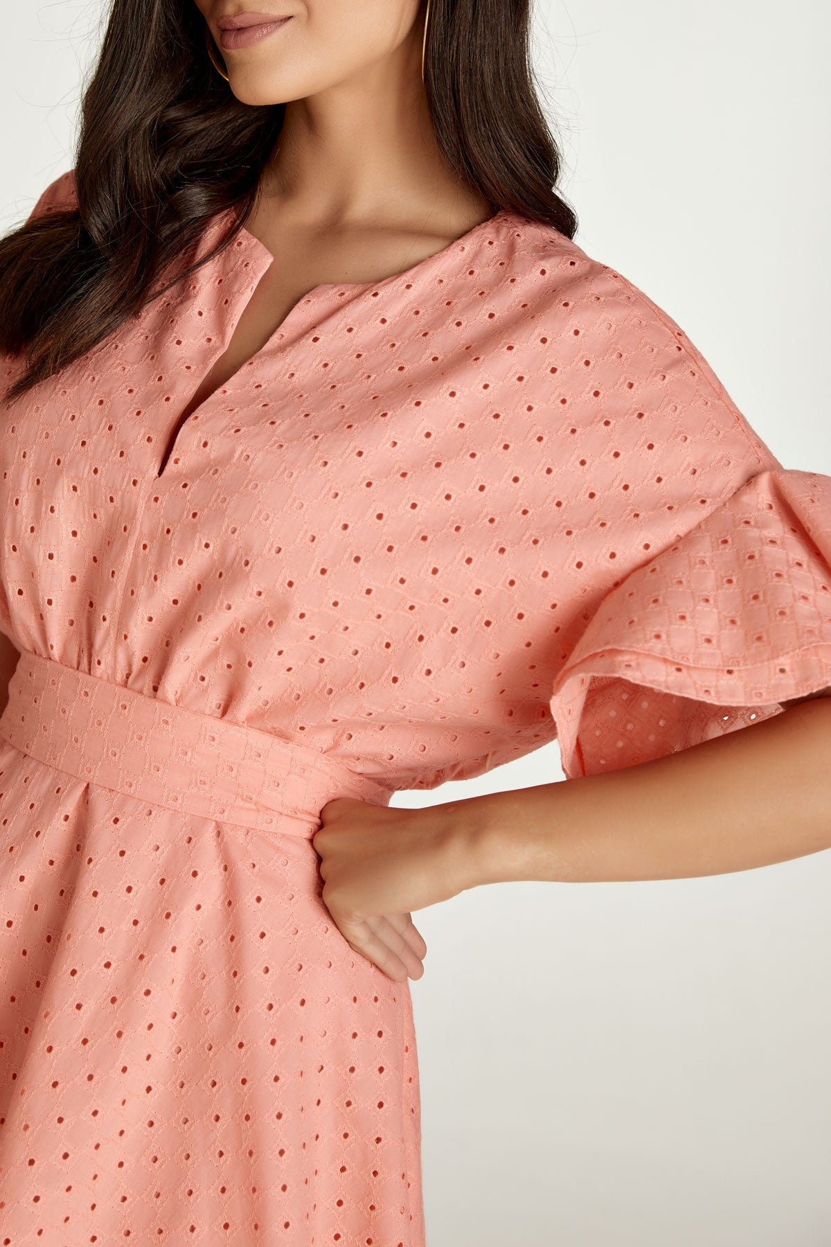 Coral Embroidered Dress with Ruffle Sleeves
