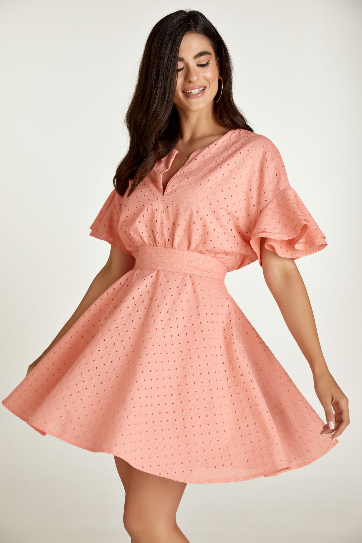 Coral Embroidered Dress with Ruffle Sleeves