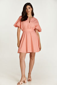 Coral Embroidered Dress with Ruffle Sleeves