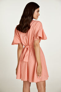 Coral Embroidered Dress with Ruffle Sleeves