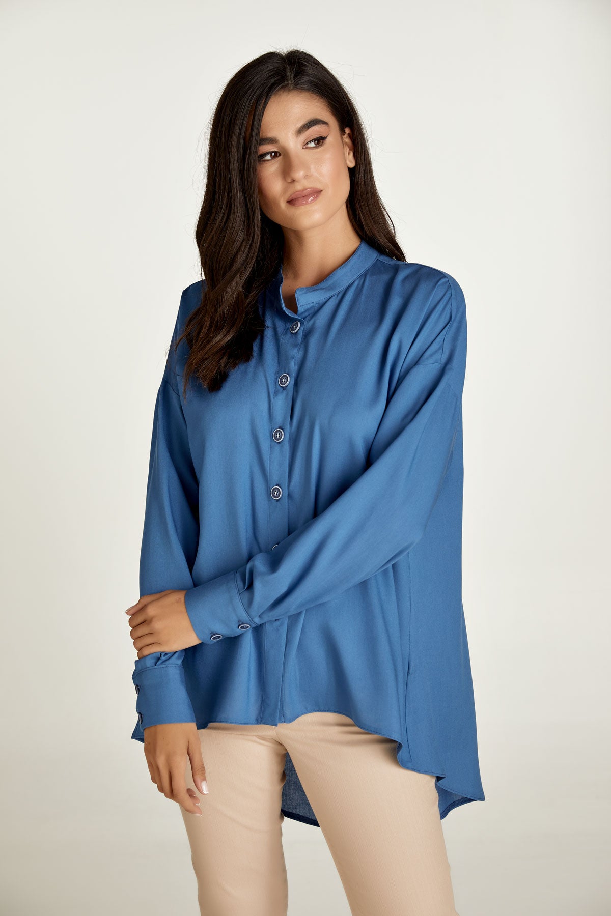 Sky Blue Blouse with Mandarin Collar