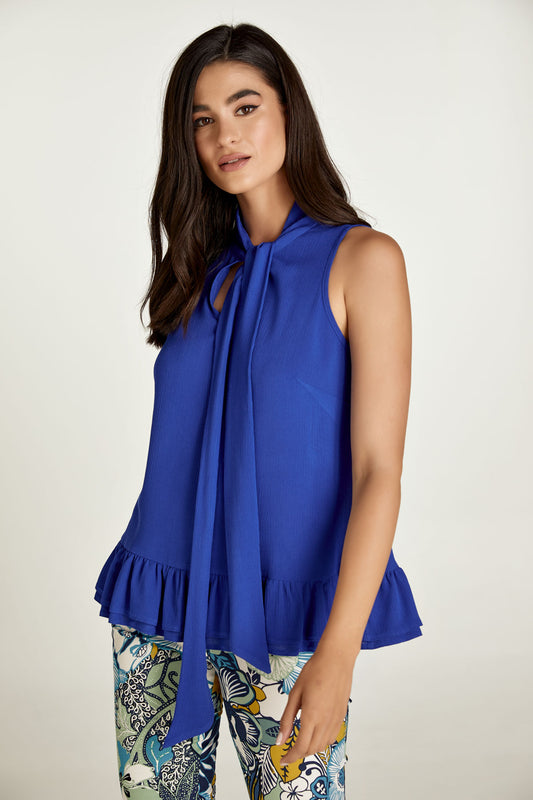 Electric Blue Tie Detail Top with Frills